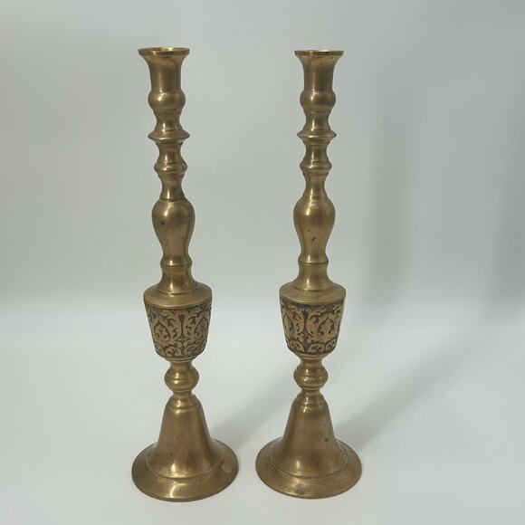 Vintage Pair Large Brass Statement Candlesticks Mid Century Modern Candelabras - Picture 3 of 8